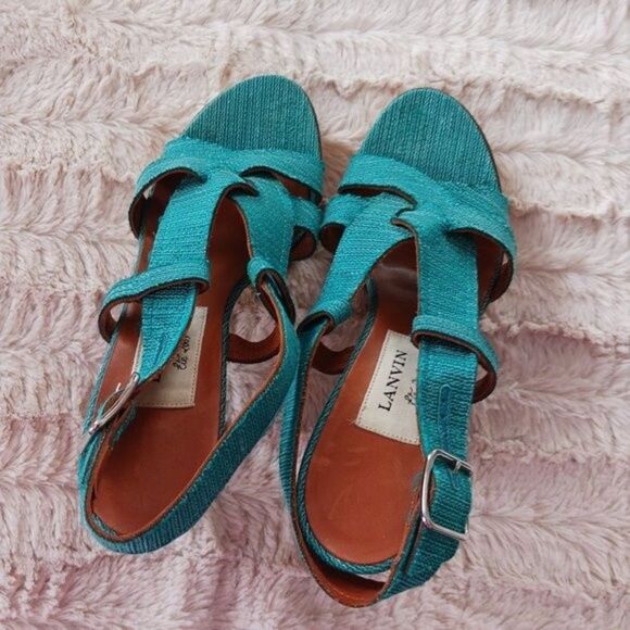 Lanvin Teal Platform Cork Sandals Heels Size 6 - Picture 4 of 8